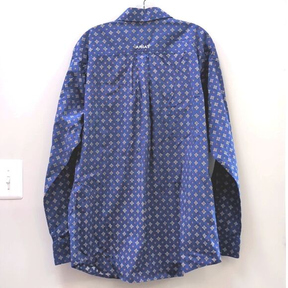 Ariat Blue Printed Western Cowboy Ranch Fitted Long Sleeve Button Shirt Sz L - Picture 2 of 9